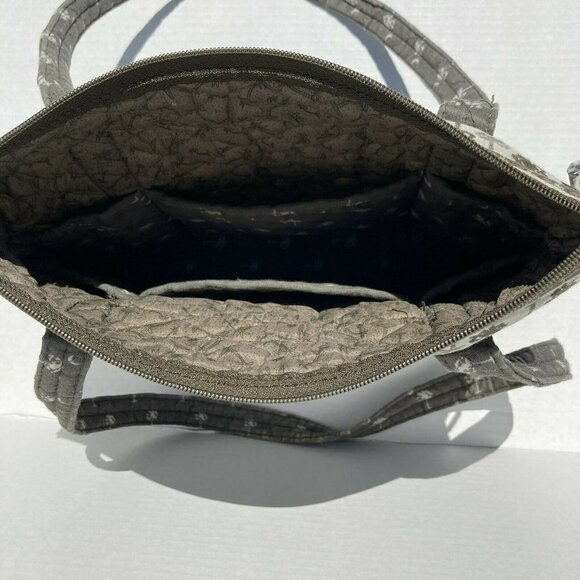 Quilted Shoulder Med Commuter Tote Handbag Neutral Gray White Palm Tree Print - Picture 4 of 7